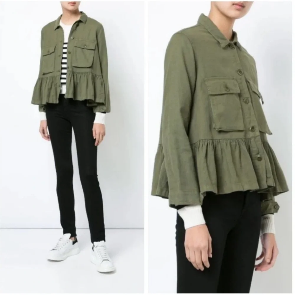 THE‎ GREAT Flutter Army Vintage Army Green Peplum Crop Jacket Size 1 Small